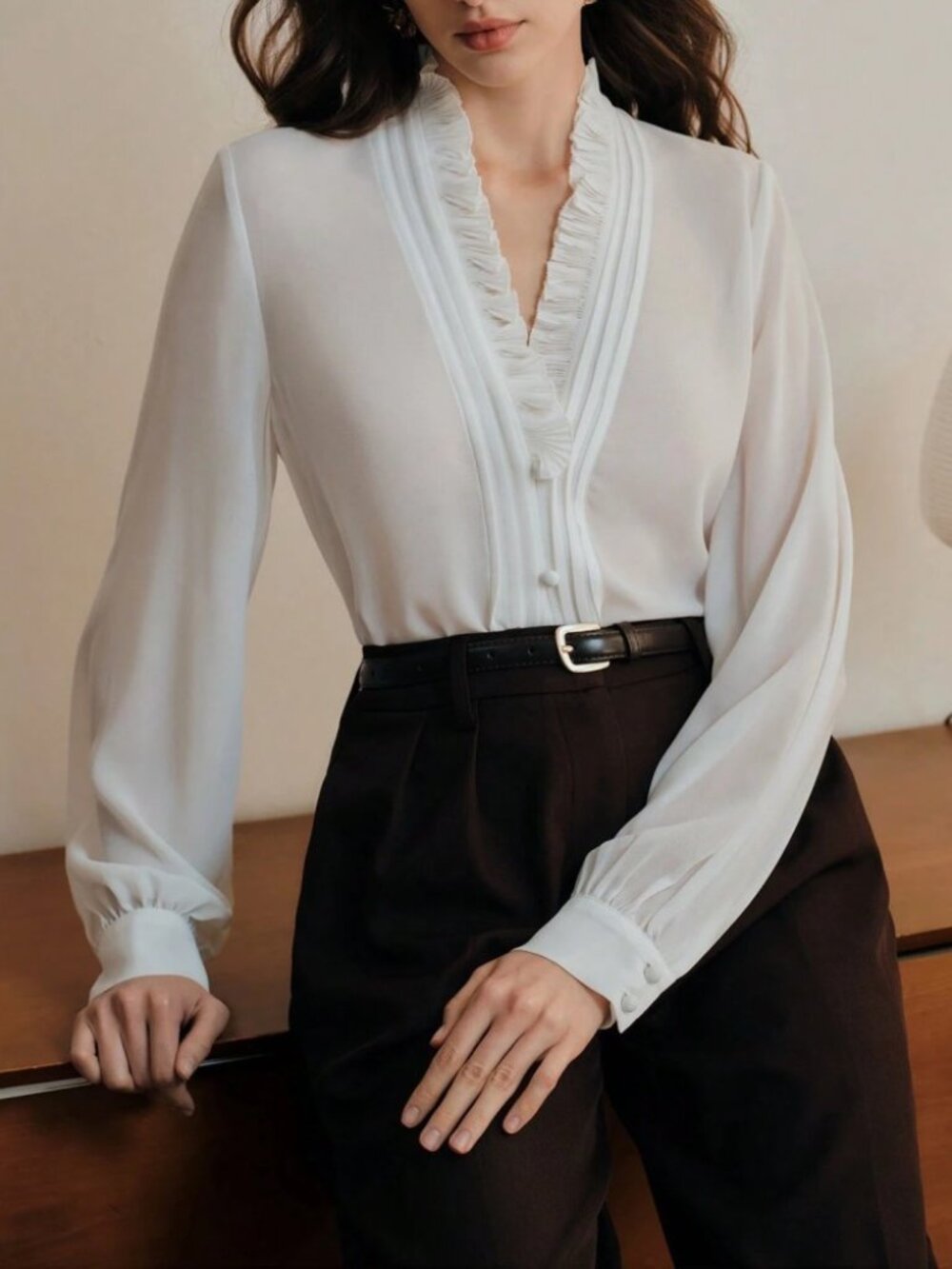 White Ruffled V-Neck Long Sleeve Blouse with Button Cuffs
